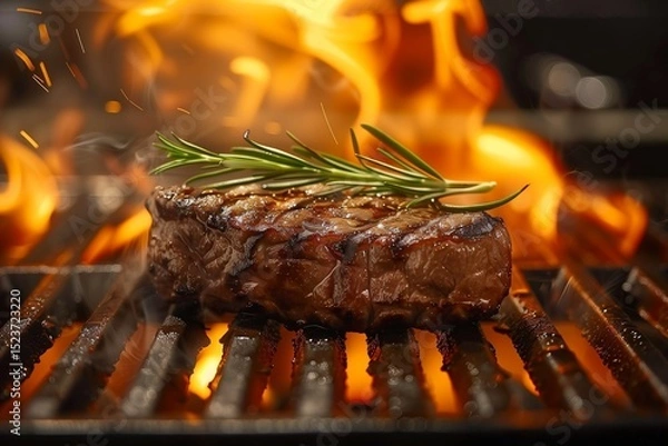 Fototapeta Succulent Grilled Steak Sizzling on Open Flame with Sprig of Fresh Rosemary