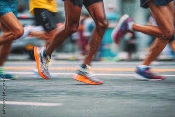 Fototapeta Close-up of the feet and legs of multiple runners in motion, running on an asphalt road, with a blurry background, low-angle shot, motion blur