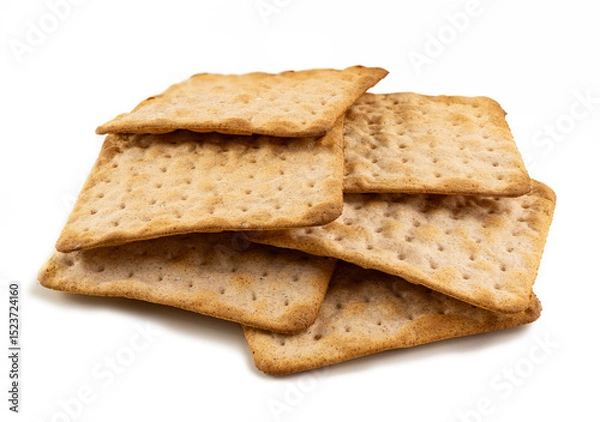 Fototapeta Stack of square whole wheat cracker isolated on white background – close-up of healthy baked crispy snack with perforated texture