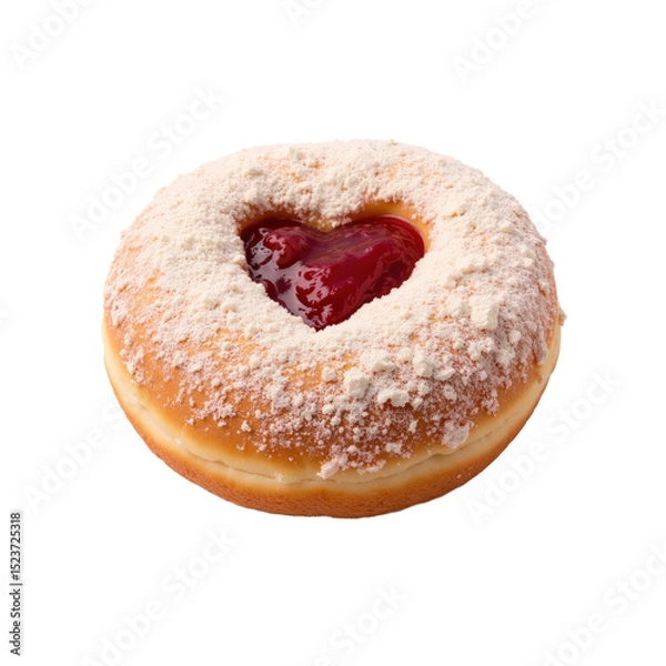 Obraz Delicious heart-shaped donut with pink icing, sugar topping. Attractive snack for Valentine's day.
