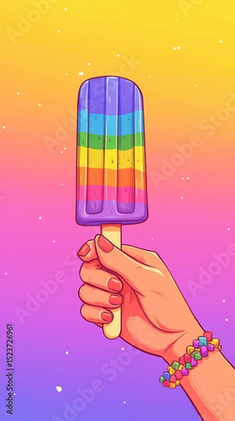 Fototapeta Hand shows bright popsicle against colorful smooth gradient background