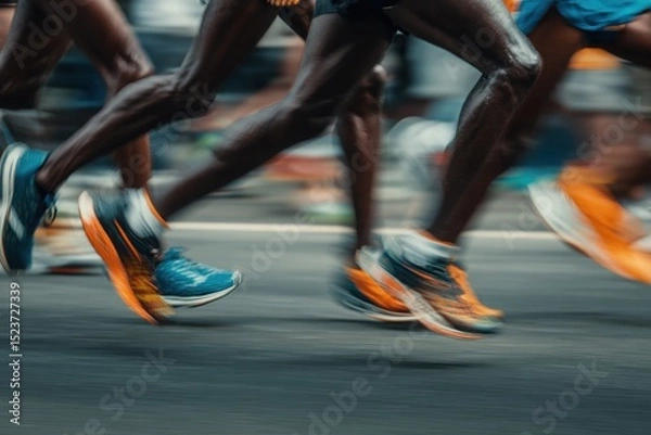 Fototapeta The motion blur of multiple runners in the marathon, captured from an extreme low angle to emphasize their long legs and fast shoes.