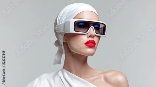 Fototapeta Fashion model wearing oversized sunglasses and a white headscarf poses elegantly against a minimalist background, showcasing modern style and beauty in a striking and contemporary fashion statement