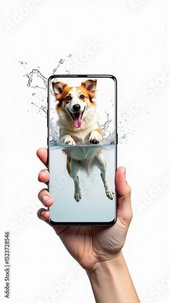 Fototapeta A cheerful corgi dog appears to leap from a phone screen held against a white background.