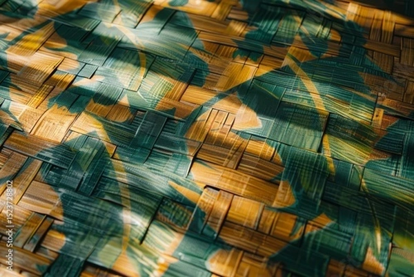 Fototapeta Colorful Abstract Pattern on a Woven Surface with Leaf Shadows