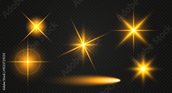 Obraz Golden glitter bokeh lights and sparkles. Shining star, sun particles sparks with lens flare effect on transparent background