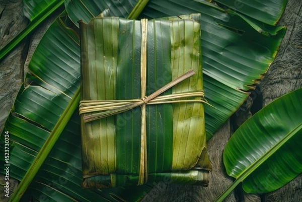 Fototapeta Tropical Leaf Bundle on Rustic Wooden Surface with Greenery