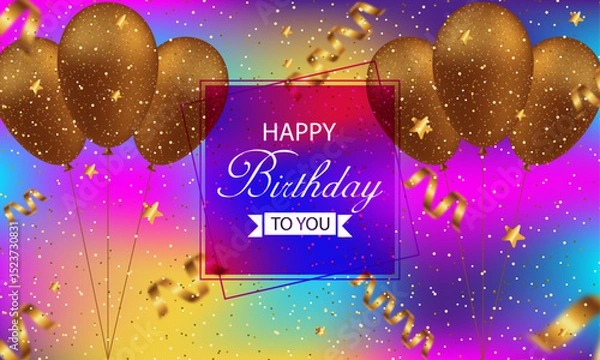 Fototapeta Golden balloons and stars on vibrant gradient background with confetti and ribbon, festive Happy Birthday greeting in center frame.