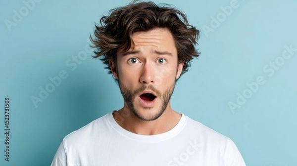 Fototapeta Young man with curly hair expressing surprise and shock, wearing a plain white t-shirt, against a soft blue background, capturing a moment of genuine emotion and reaction to unexpected news