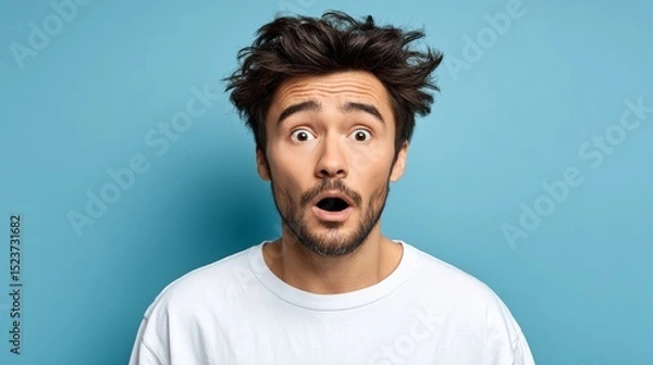 Obraz Young man with surprised expression and tousled hair, wearing a casual white t-shirt, against a vibrant blue background, capturing a moment of astonishment and emotion in a playful manner