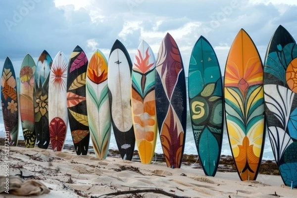 Fototapeta Colorful Surfboards Stacked on Beach with Ocean in Background