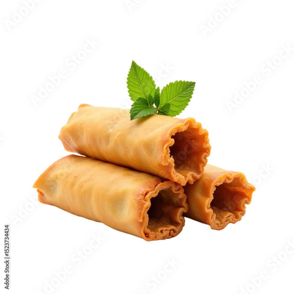 Obraz Delicious golden fried egg rolls garnished with mint leaf, ready to serve. perfect for appetizers and spring rolls.