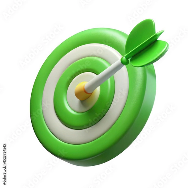 Fototapeta 3d render of a green dart hitting the center of a target, isolated on transparent background
