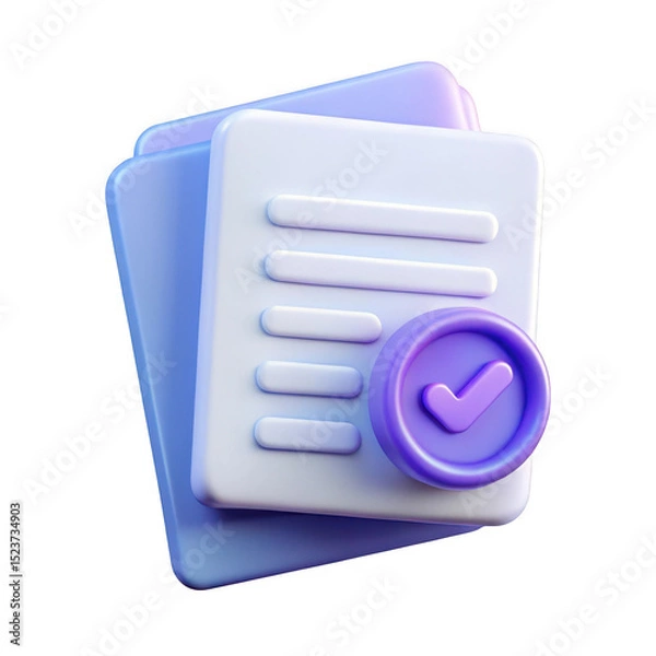 Fototapeta 3d render of pastel blue and purple documents with a checkmark, isolated on transparent background