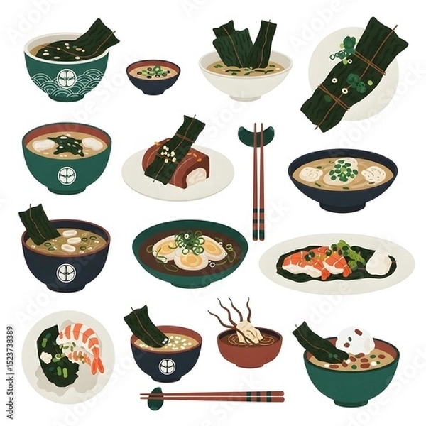 Obraz Assorted japanese soup dishes with seaweed and various toppings