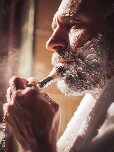 Fototapeta White man applying shaving cream with brush, classic shaving style, clean bathroom light, calm and focused.