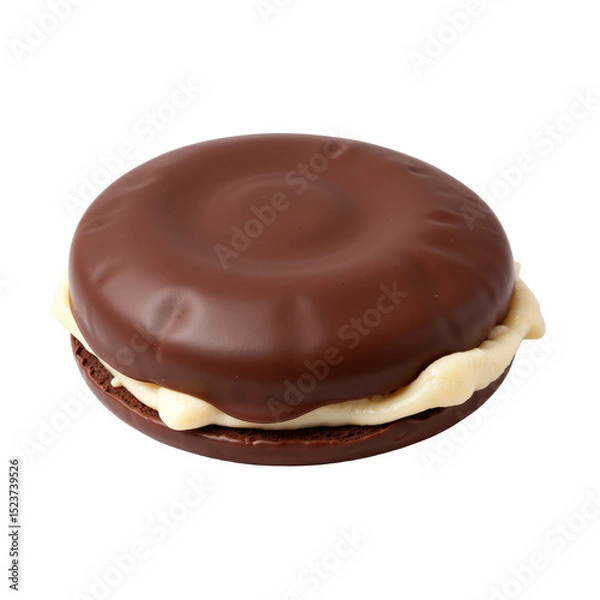 Obraz Delicious chocolate-covered cookie sandwich with creamy filling. Features a smooth, glossy chocolate exterior with a soft, inviting bite. Great for baked goods and dessert categories.