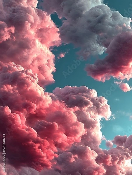 Fototapeta a captivating image presents a sky filled with voluminous, textured clouds. predominantly, the clouds exhibit a soft, rose colored hue, creating a warm and dreamlike atmosphere