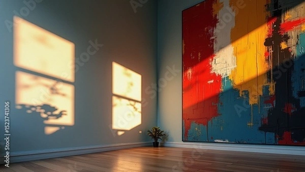 Fototapeta Bright sunlight casts artistic shadows in a modern room featuring a colorful painting during late afternoon