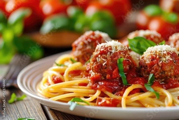 Obraz Delicious spaghetti and meatballs served on a rustic wooden table with fresh tomatoes and basil