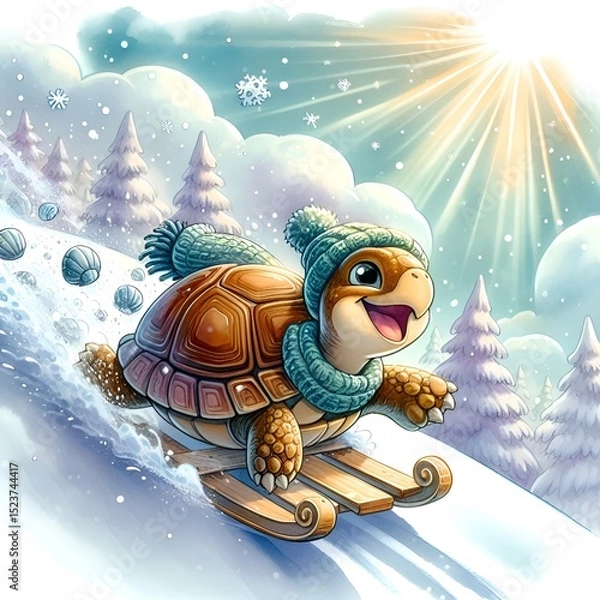 Fototapeta Joyful turtle sledding down a snowy hill, playful mood, sunny winter day, winter fun
