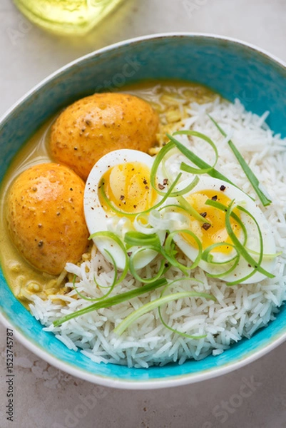 Fototapeta Basmati rice with curried eggs and spring onion served in a turquoise bowl, middle closeup, vertical shot