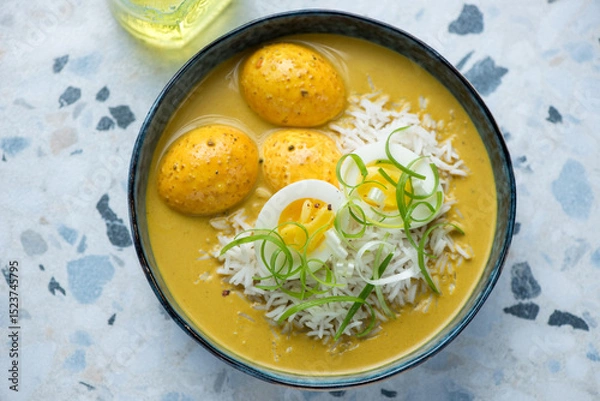 Fototapeta Bowl of egg curry with basmati rice, horizontal shot on a white and blue granite background, high angle view, selective focus