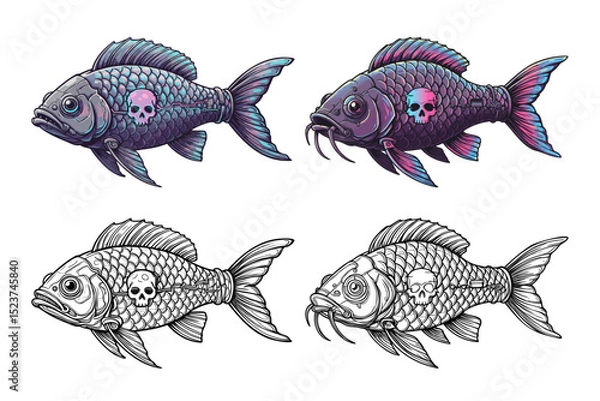 Fototapeta Four stylized fish illustrations with skull patterns designs, color and sketch artwork marine creature clipart.