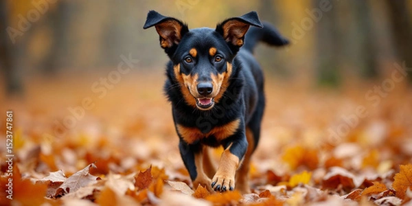 Obraz rottweiler dog puppy running on autumn leaves wide