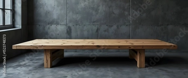 Obraz wooden wide bench table on a gray concrete empty room wall with a window