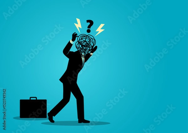 Obraz Vector illustration of a frustrated businessman walking with a tangled scribble for a head, symbolizing mental stress, burnout, confusion, or business related anxiety.