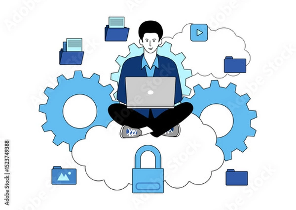Obraz Man working with laptop on clouds, remote work, cloud computing, online, vector illustration