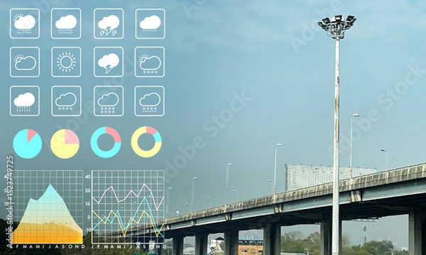 Fototapeta Weather forecast background with graph and chart symbol on suburb expressway. Image use for meteorology presentation and travel business background.