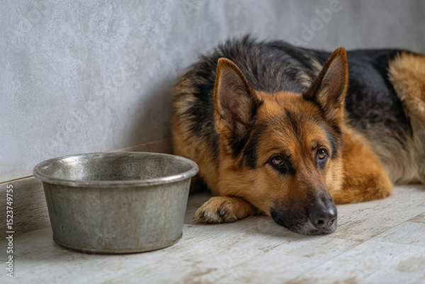 Obraz Hungry Dog Sitting Beside Empty Food Bowl