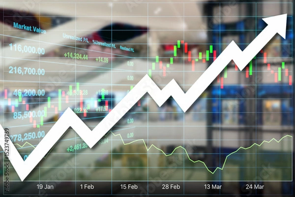 Fototapeta stock financial index show successful investment on commercial department store with graph, chart and candlesticks on interior building blurry background.