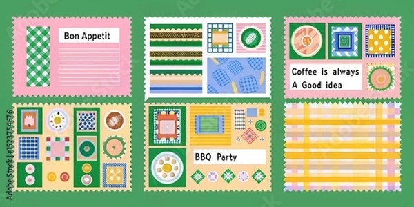 Fototapeta Colorful and Playful Food Themed Postage Stamps on Green Background for Culinary Projects and Creative Designs with Text