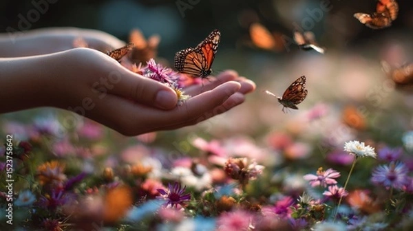Fototapeta Butterflies landing on the hands of a child in a flower garden, colorful petals all around, warm afternoon light
