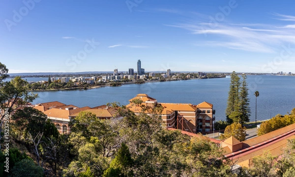 Obraz Panorama view of the suburbs of South Perth and Como from Mount Eliza, Kings Park, with the Old Swan Brewery apartments in the foreground. Perth Western Australia