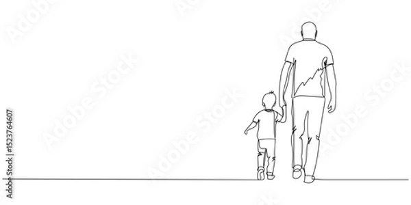 Fototapeta One continuous line drawing of father and son, editable line, Father's Day. Father and child walking together in a minimalist, artistic style emphasizing connection and love