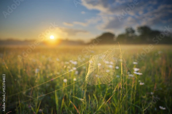 Obraz Foggy sunrise in a meadow with spider cobwebs in the foreground.
