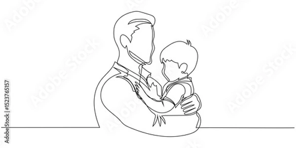 Fototapeta One continuous line drawing of father and son, editable line, Father's Day. Father holding his baby in a tender embrace during a quiet moment of connection at home