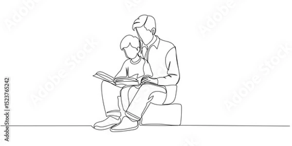 Fototapeta One continuous line drawing of father and son, editable line, Father's Day. Father and son reading together in a cozy setting during a quiet afternoon at home
