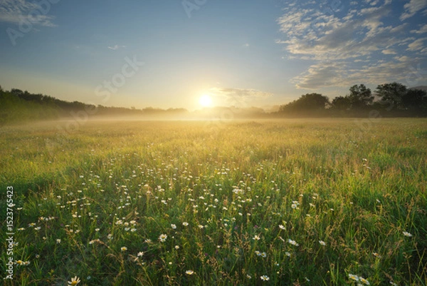 Obraz Spring camomile meadow in mountain at morning sunrise