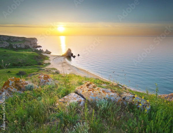 Obraz Sunset on cliffs. Beautiful spring nature and sea landscape.