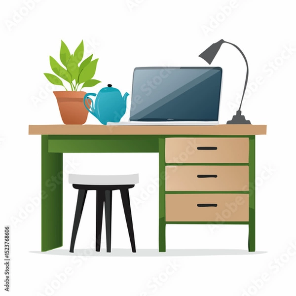 Obraz Abstract Workspace Illustration with Divider Between Laptop and Teapot Representing Work-Life Separation