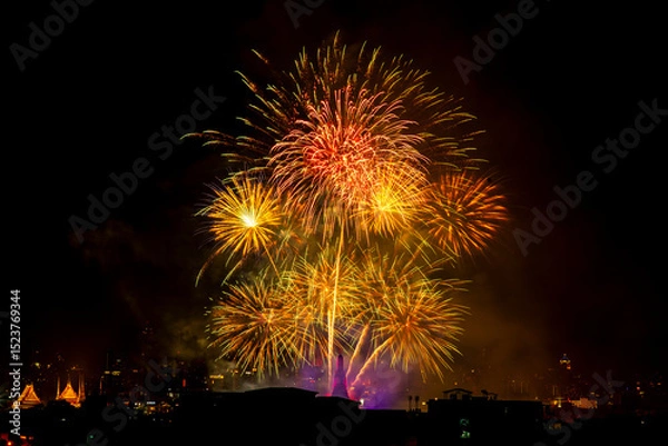 Obraz Celebration Happy new year,  Beautiful firework display at Wat Arun for Bangkok Thailand Countdown Beautiful backdrop and lighting of famous Bangkok landmark, Thailand