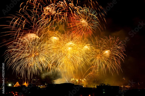 Obraz Celebration Happy new year,  Beautiful firework display at Wat Arun for Bangkok Thailand Countdown Beautiful backdrop and lighting of famous Bangkok landmark, Thailand