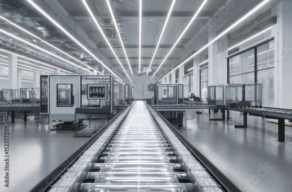 Fototapeta Automated Conveyor System in Spacious Industrial Factory Interior