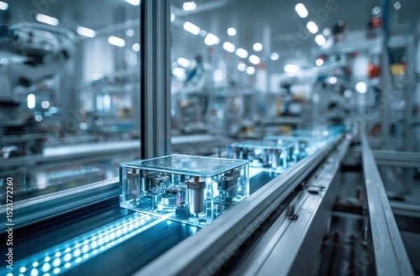 Fototapeta Glass Module Moving on Conveyor Belt in Clean Blue Factory