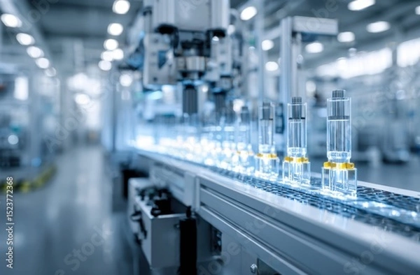 Fototapeta Assembly Line with Clear Vials in a Modern Factory